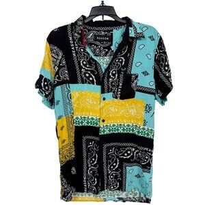 Reason Button Up Shirt Mens Medium Multicolor Paisley Patchwork Urban Bandana